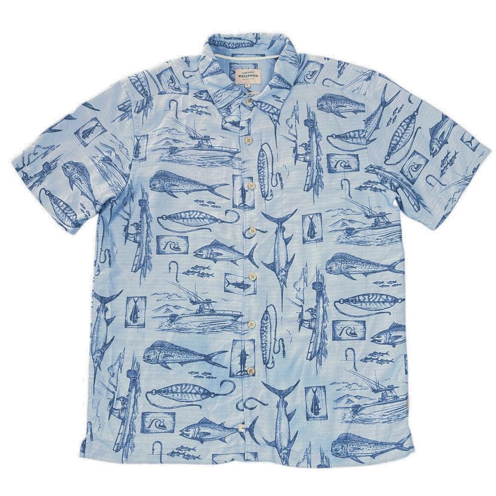 Quiksilver Waterman Fishing Shirt Blue Fish Lure Print Button Up - S